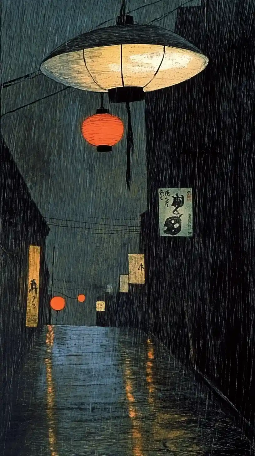 Calle de ciudad estilo Ukiyo-e de noche con faroles brillantes