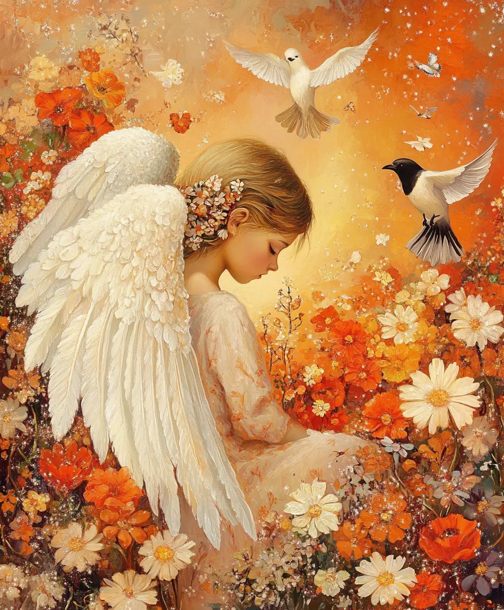Young angel sitting among blooming flowers and birds