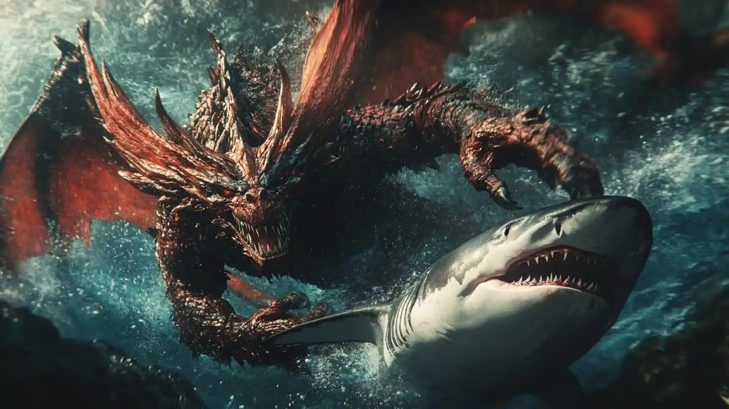 Red dragon carrying a white shark through the sky