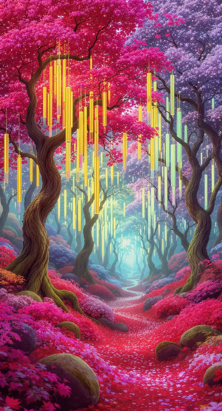 Traumhafter Fantasy-Wald mit irisierenden Kronen-Glockenspielen