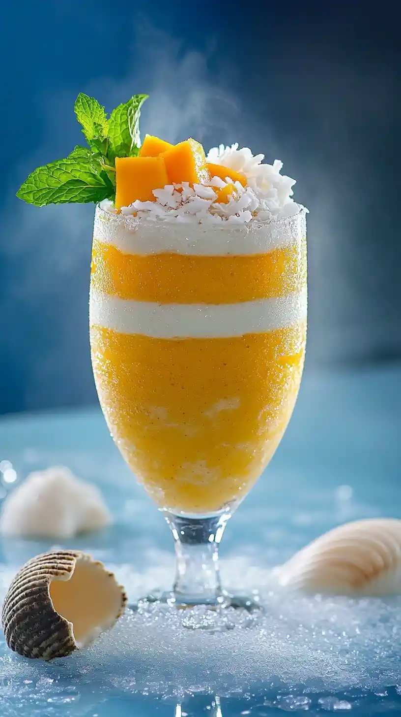 Layered mango coconut smoothie in a dewy coupe glass
