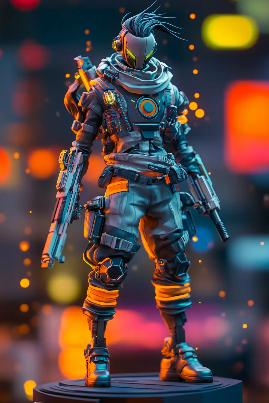 Cyberpunk-Krieger-Actionfigur mit filmischer Neonbeleuchtung