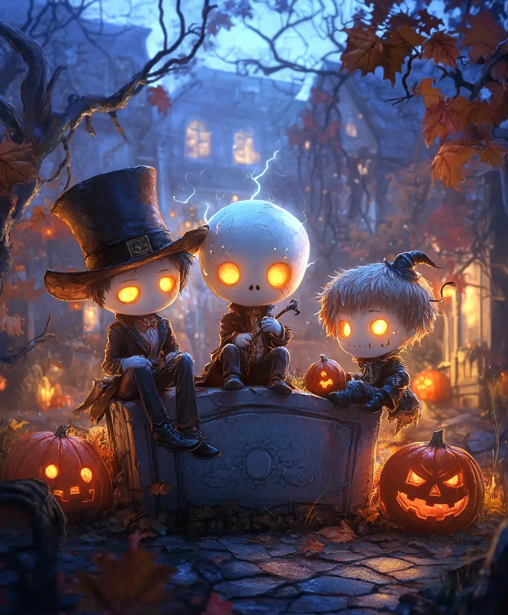 Three chibi ghost friends relaxing on an old tombstone