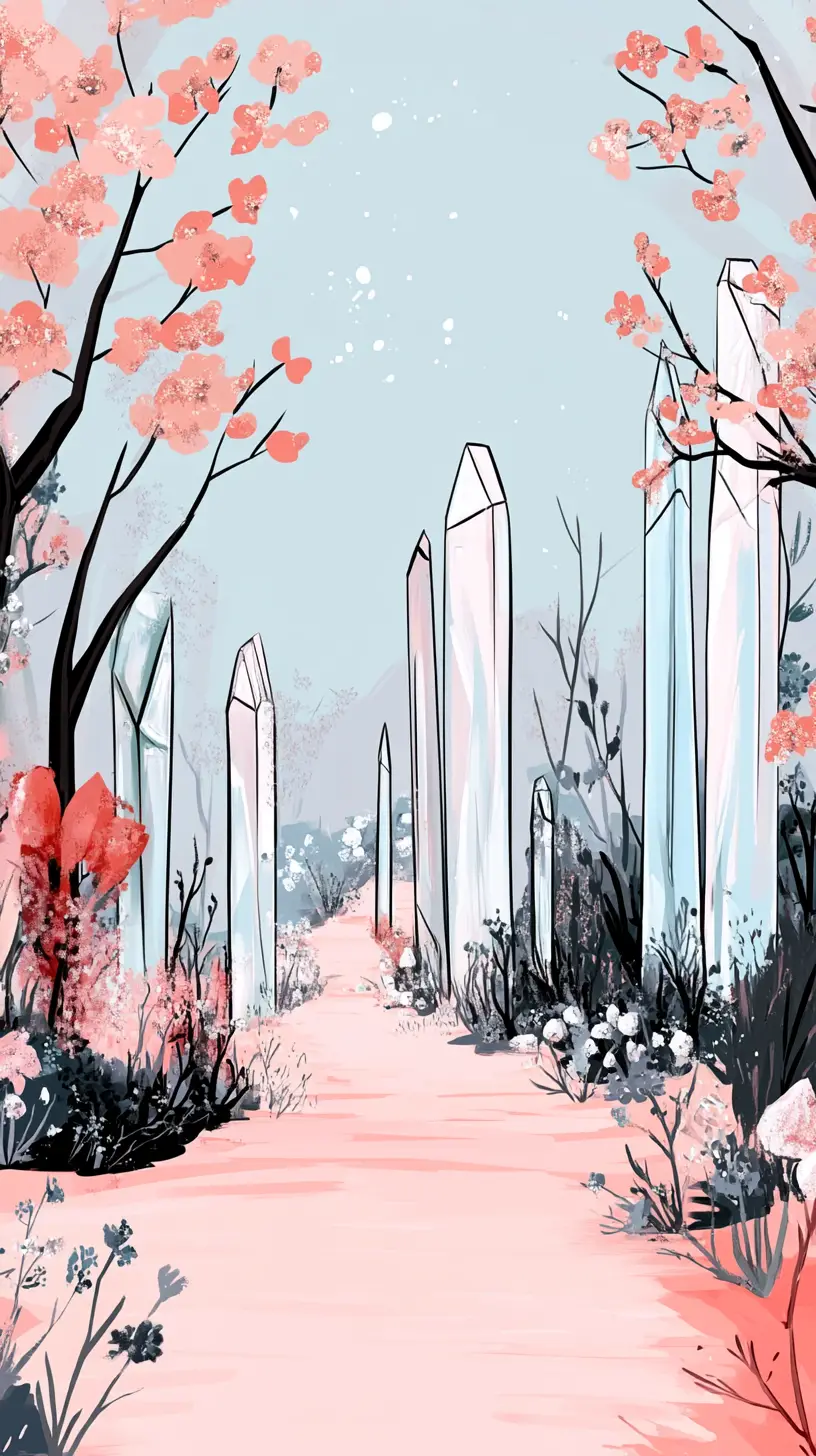 Minimalist crystal forest illustration with soft iridescent glow
