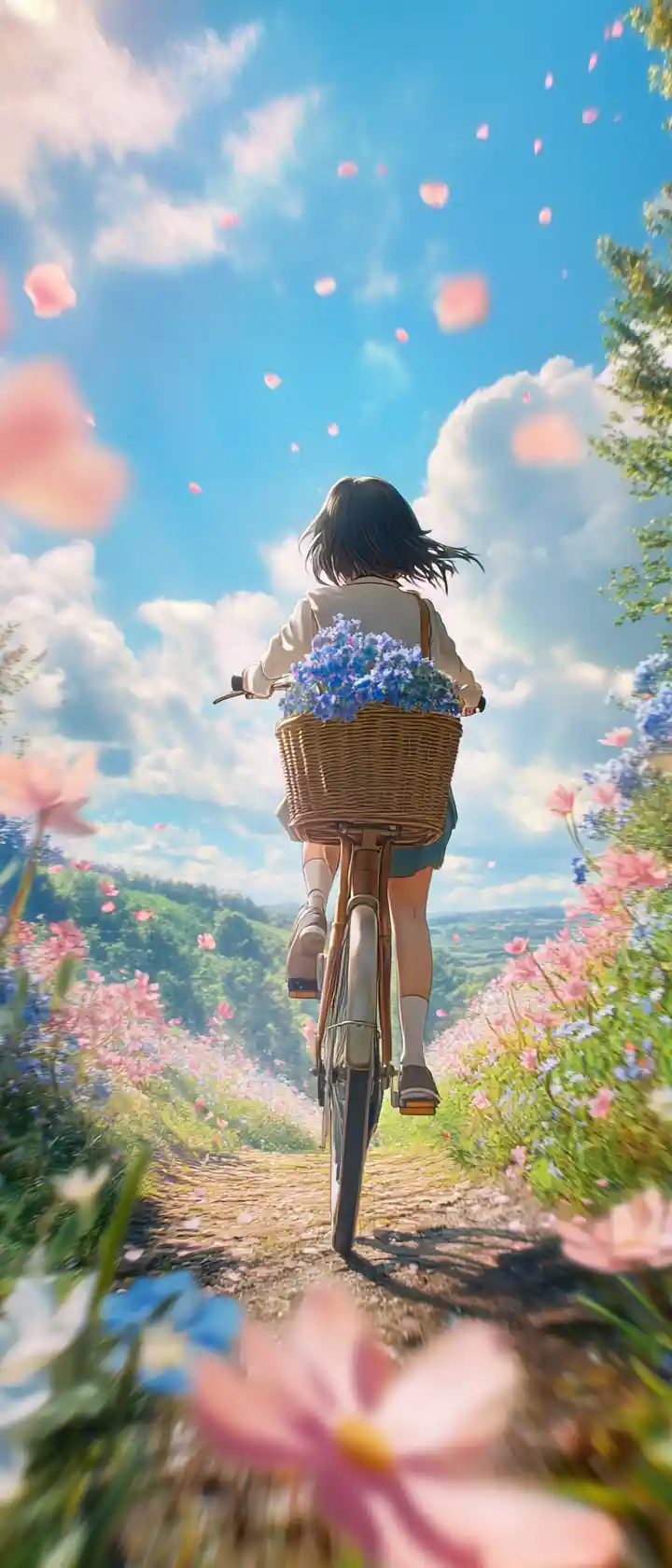 Anime girl cycling along a flower lined country path