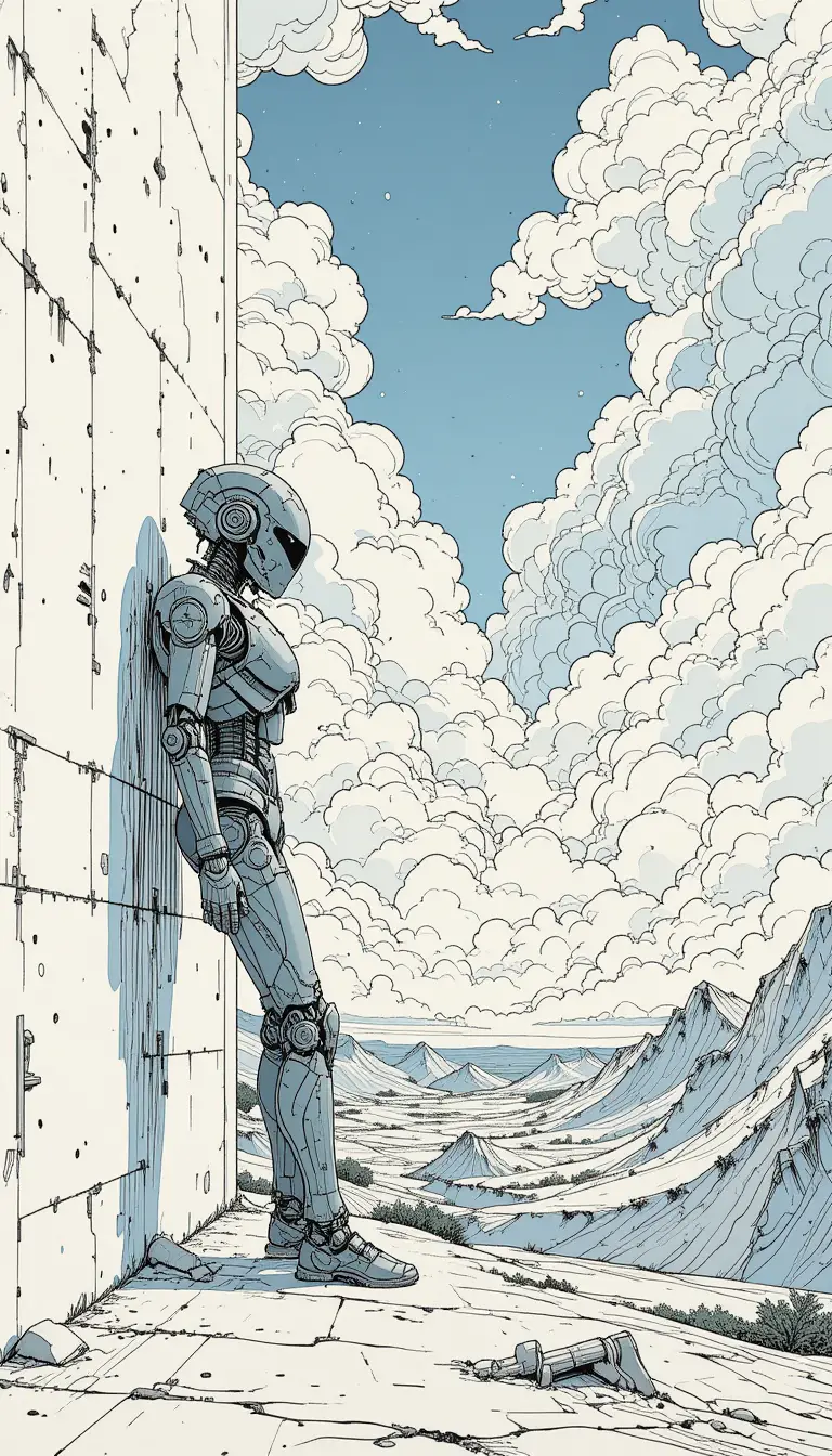 Small gray robot leaning against a bright white wall