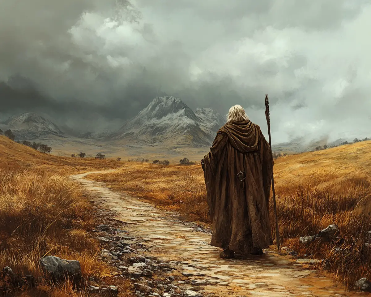 Weary warrior facing a long road through desolate lands