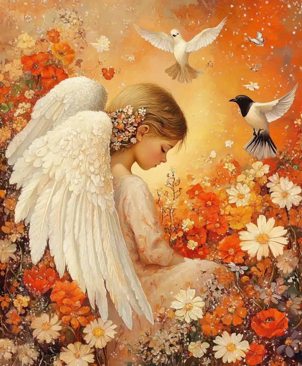 Young angel sitting among blooming flowers and birds
