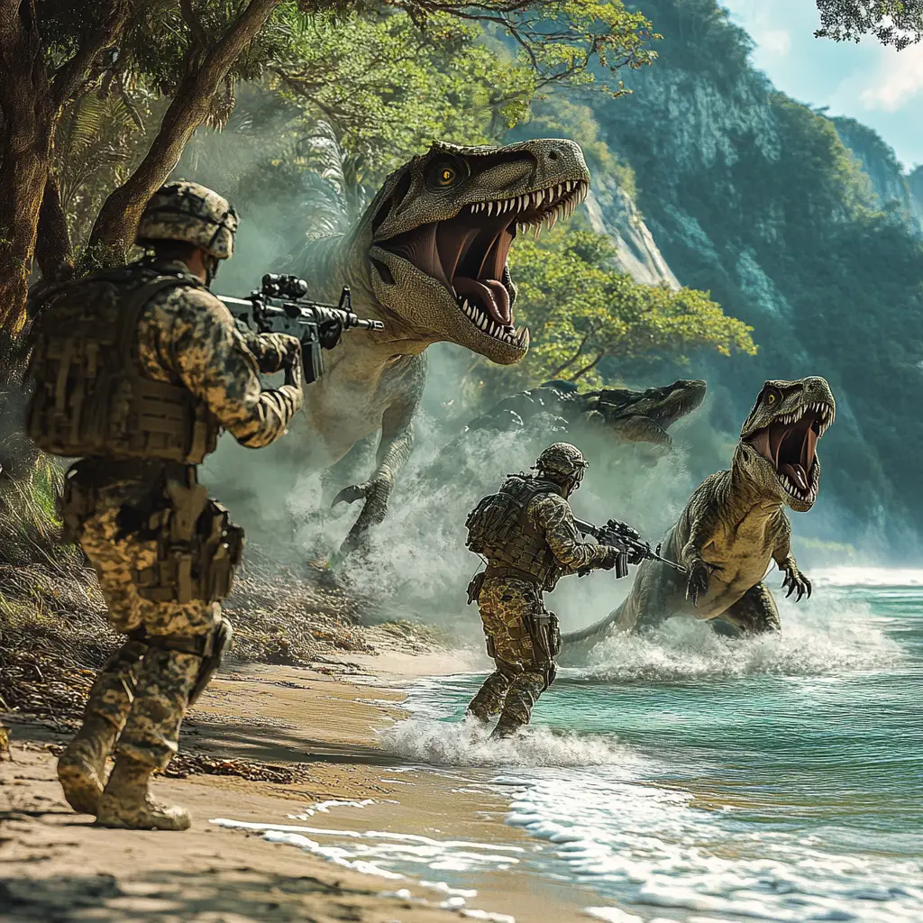 Armed soldiers confront hunting velociraptors on the beach
