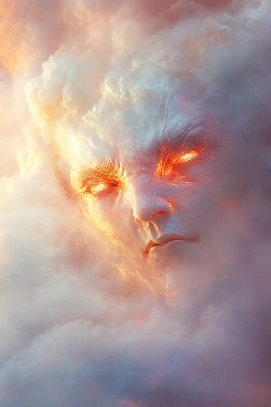 Cherubic demon emerging from a glowing celestial landscape