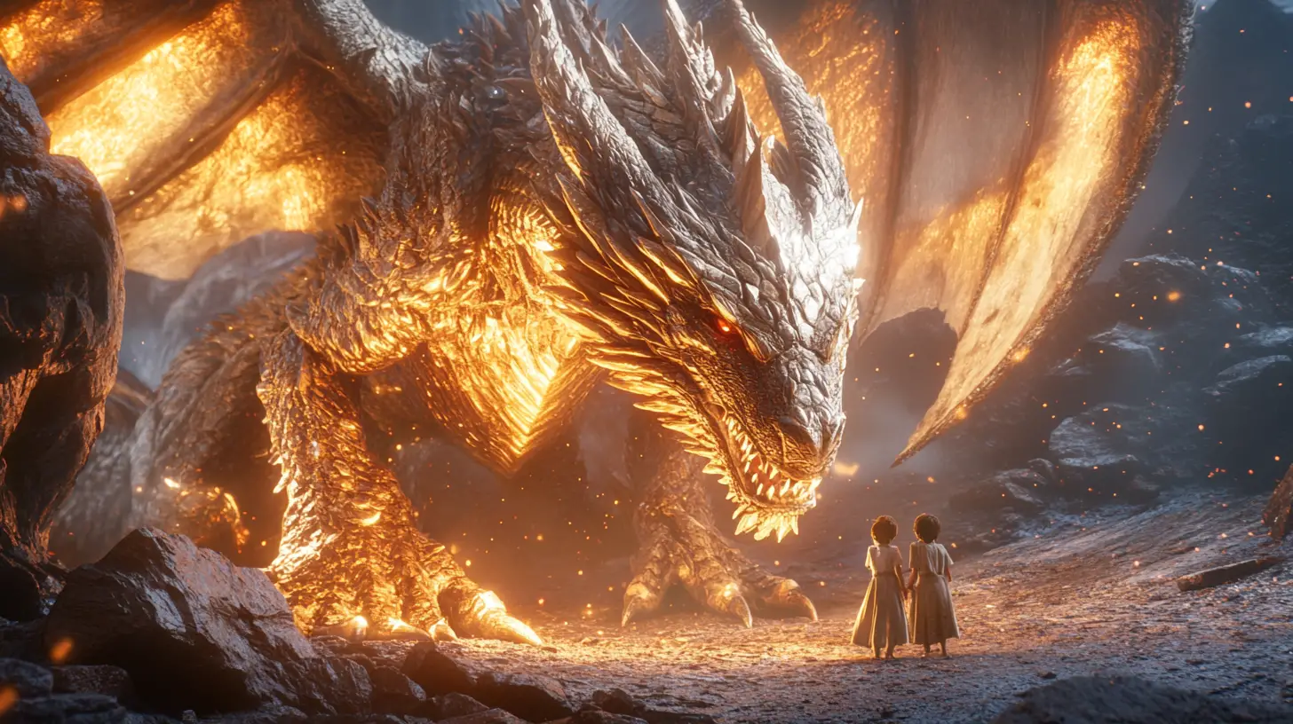 Noble dragon of light protecting children from looming threat
