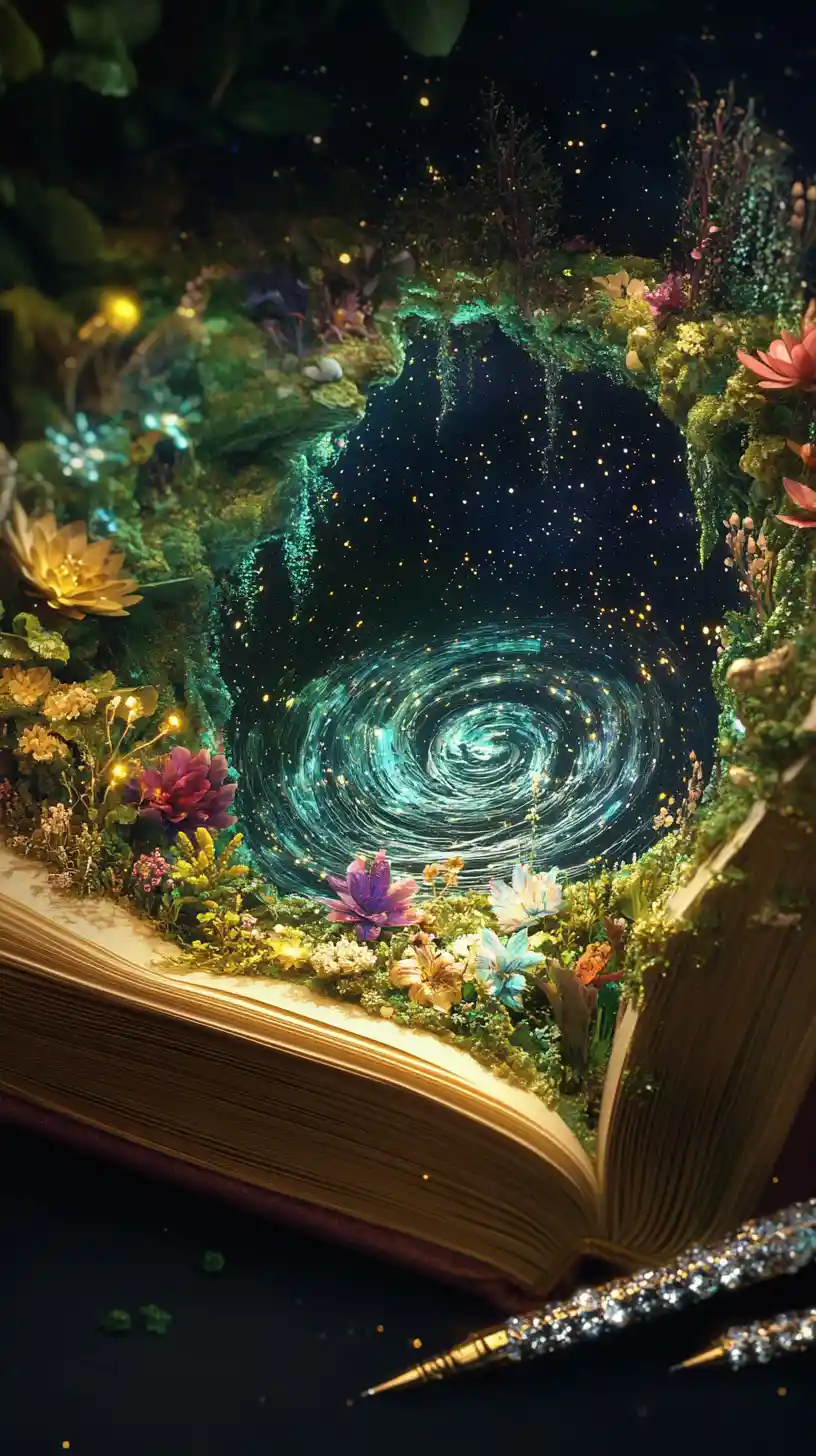 Open book revealing a portal to cosmic and forest realms