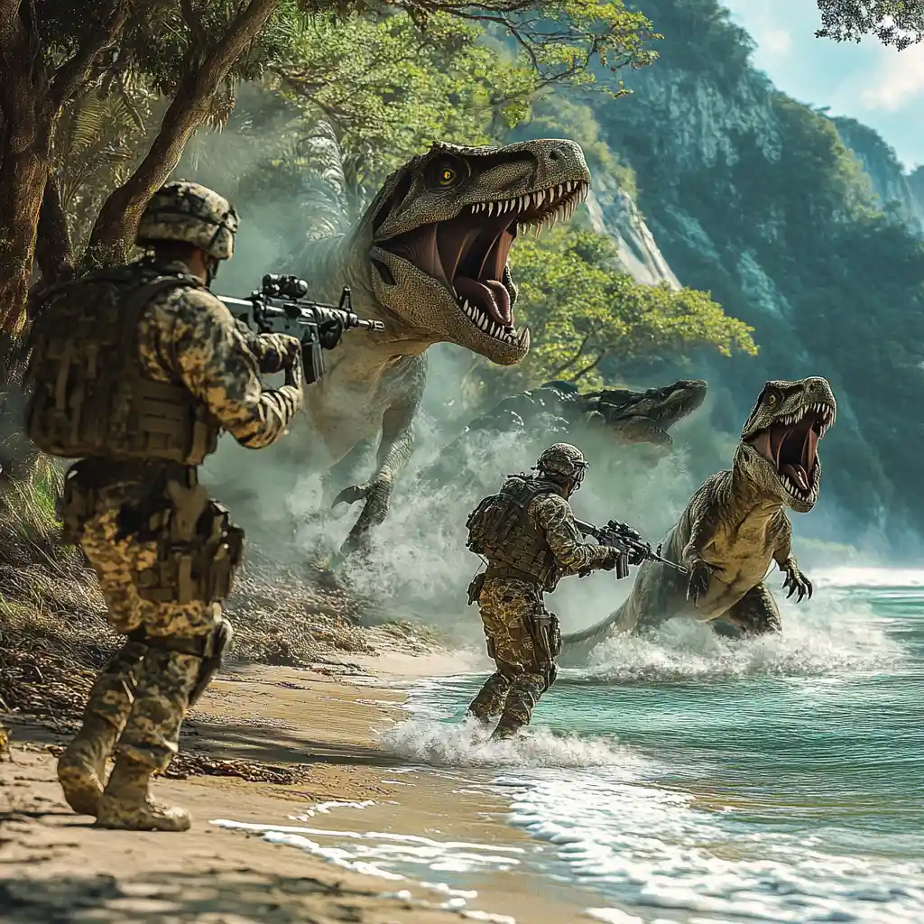 Armed soldiers confront hunting velociraptors on the beach