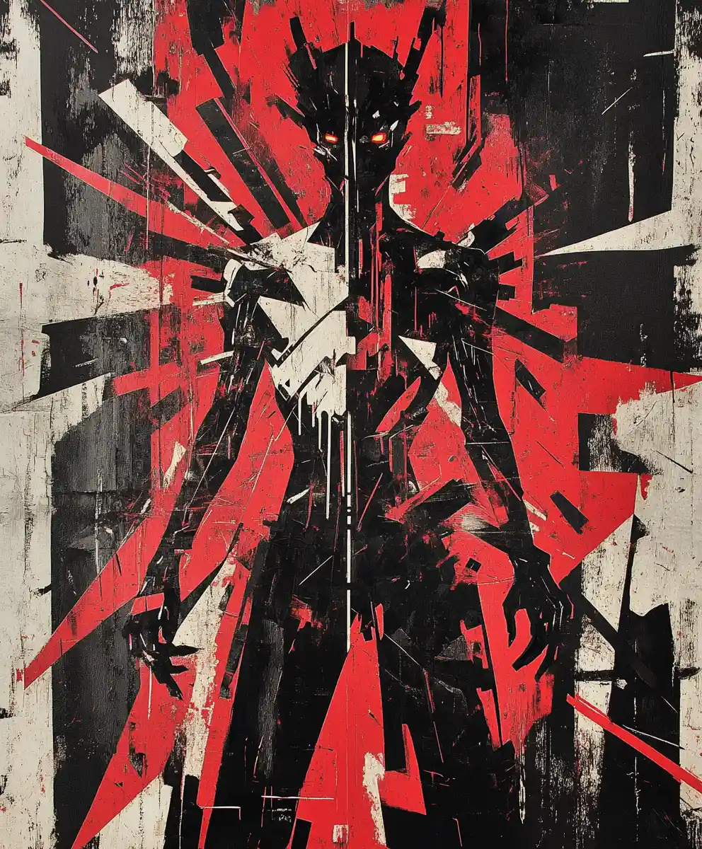 Futurist cubist cyborg outlaw with neon crimson energy