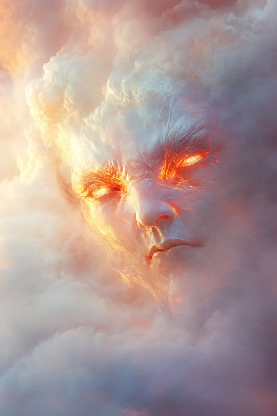 Cherubic demon emerging from a glowing celestial landscape