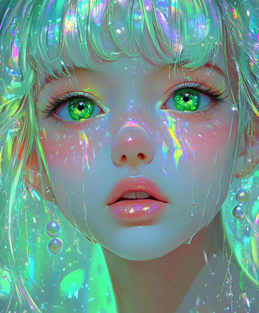 Anime girl portrait with mint hair and green eyes