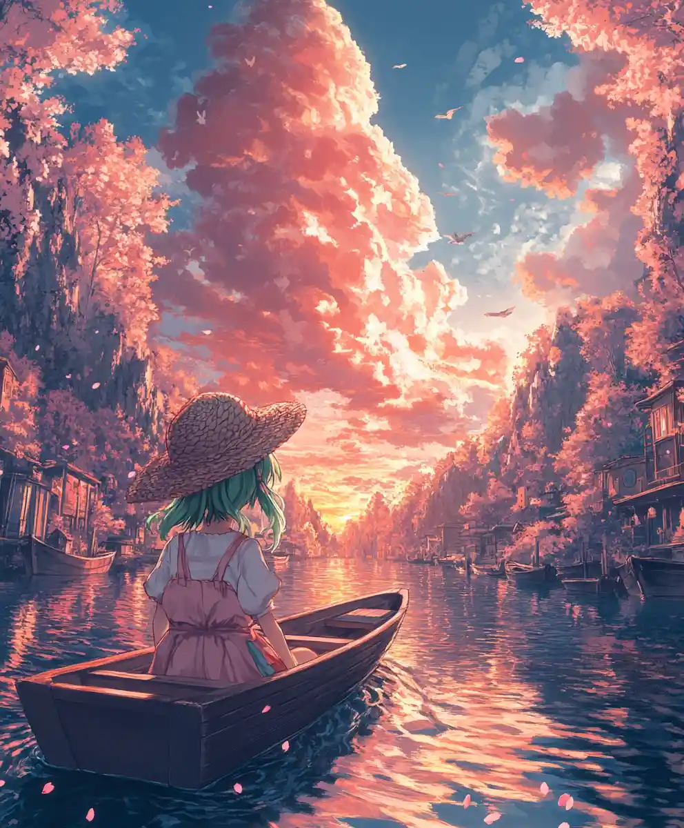 Anime girl drifting in a boat on a pastel sunset river