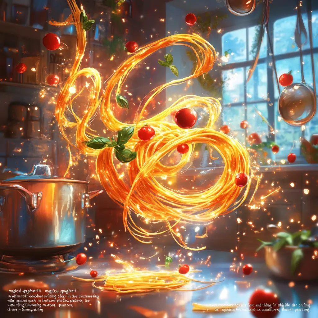 Magical spaghetti swirling in a glowing fantasy kitchen