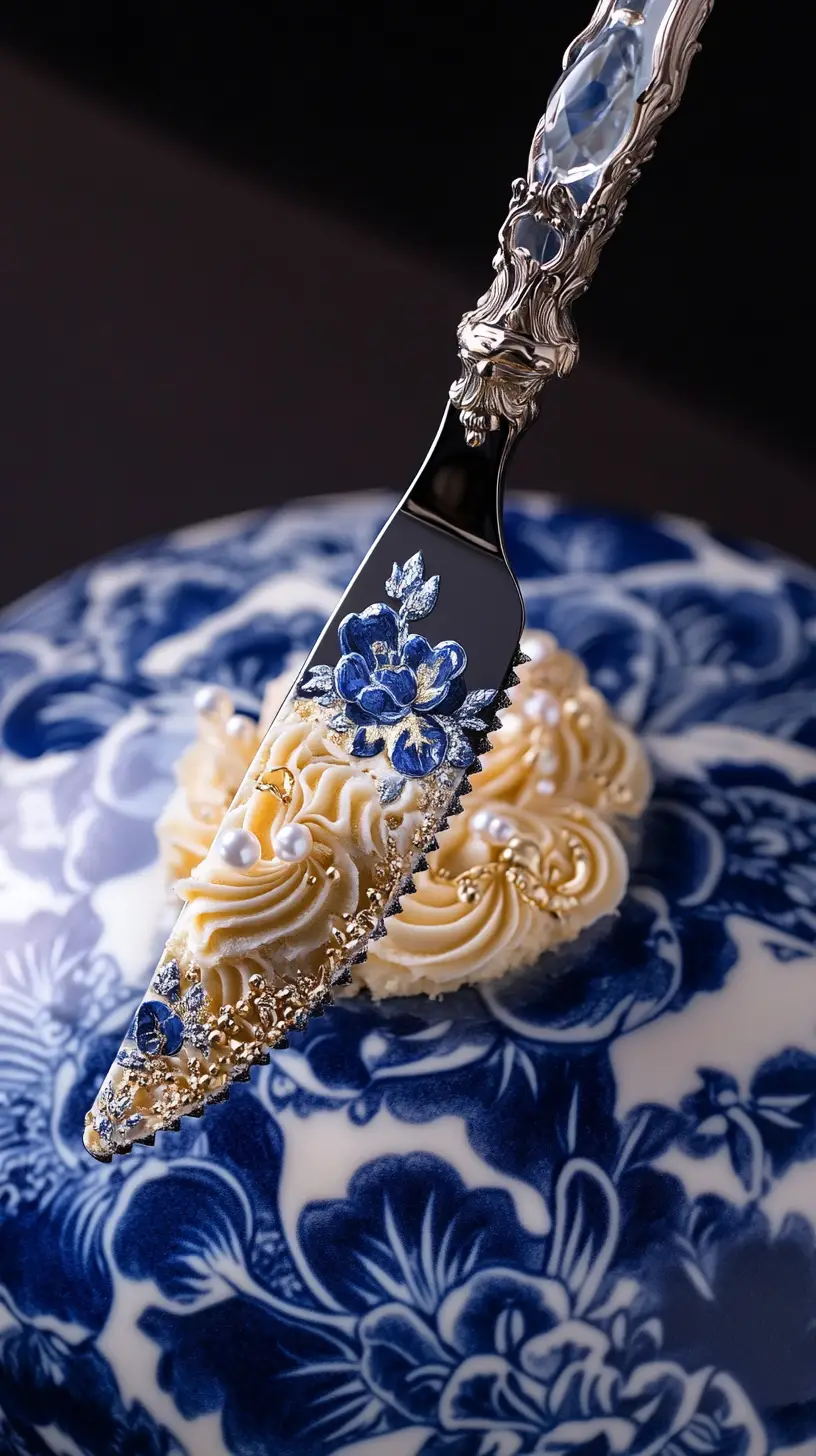 Crystal dessert knife cutting porcelain inspired pastry