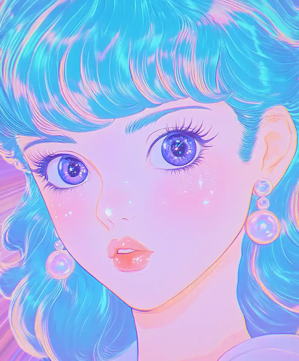 Anime girl portrait with icy blue hair and pearls