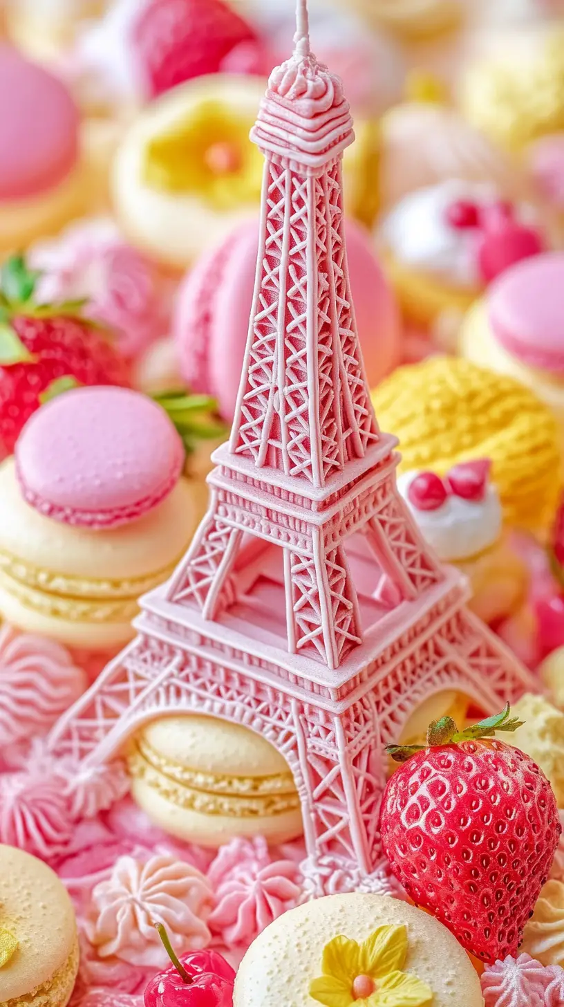Close up pastel Eiffel Tower made of gelato and macarons