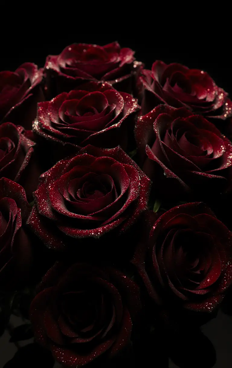 Close up bouquet of red glitter roses on dark background