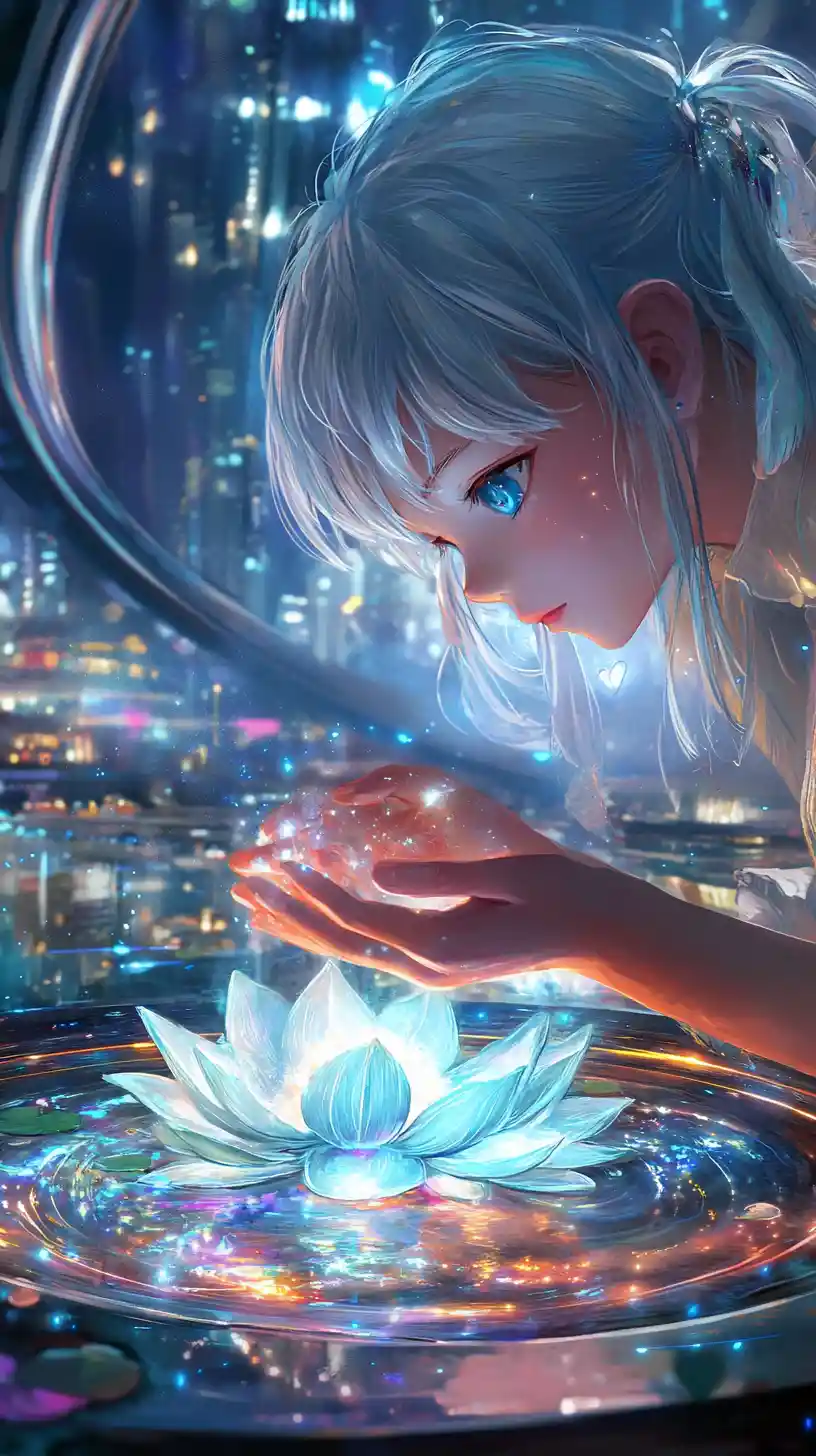 Anime girl caring for glowing cosmic lotus indoors