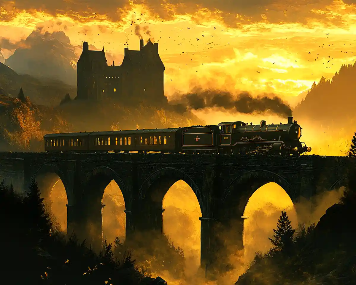 Old scottish train on stone bridge at sunrise