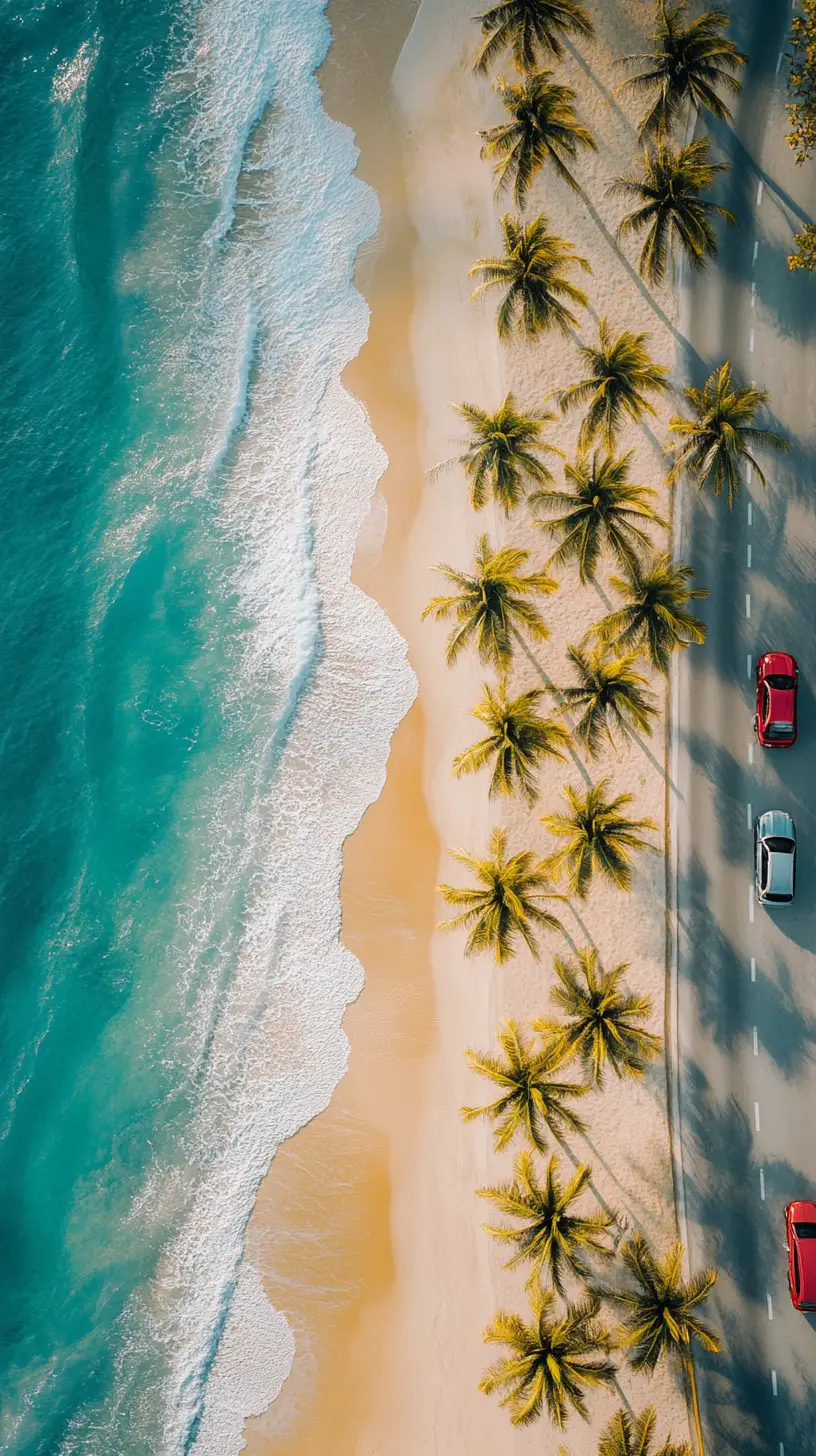 Aerial view of tropical beach with palms and road