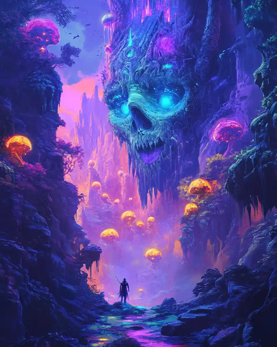 Surreal Neon Landscape With Mysterious Demonic Figure