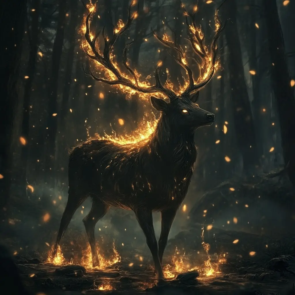 Ghostly deer with burning antlers in a dark forest
