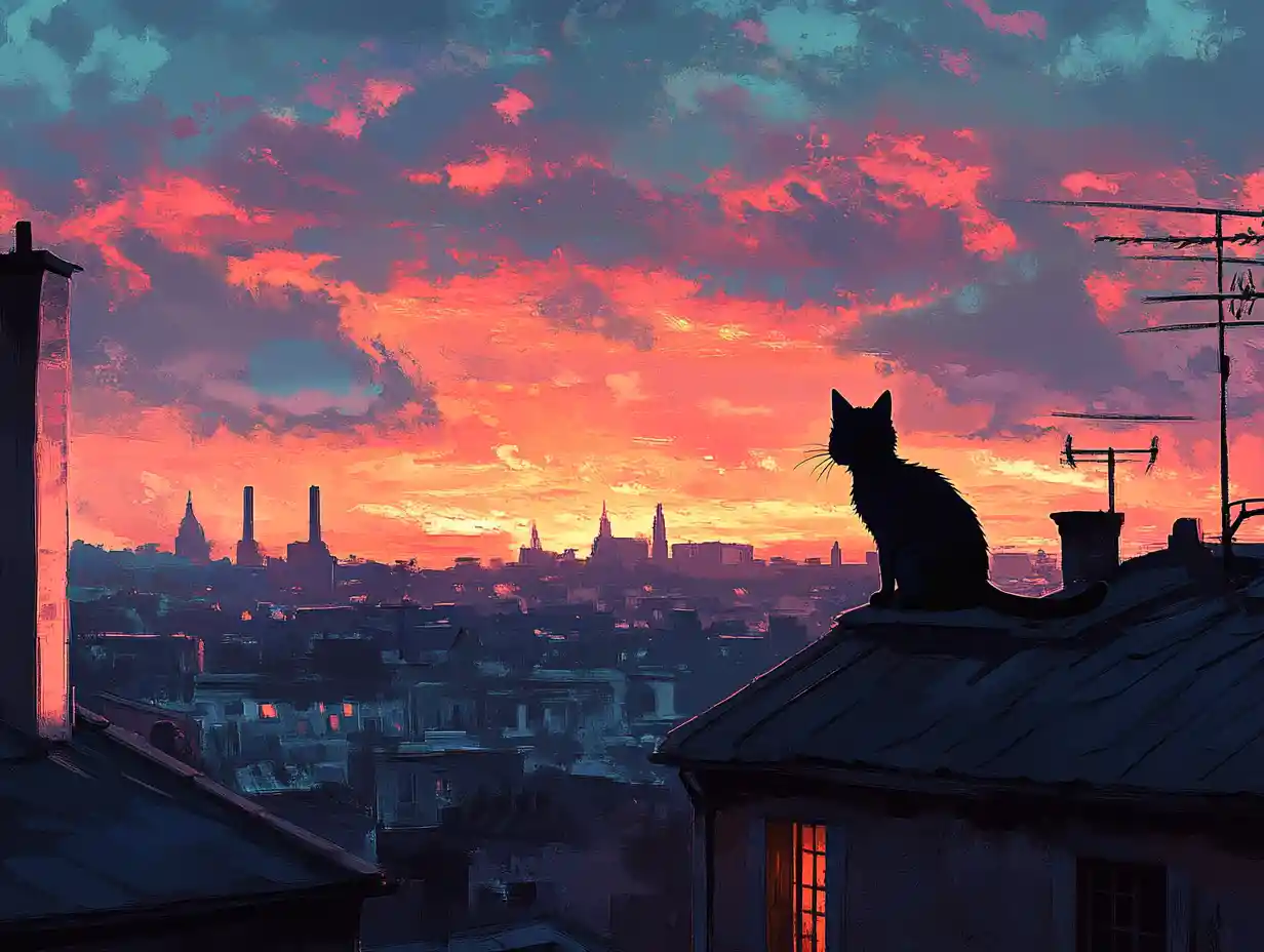 Silhouetted rooftop cat against glowing city sunset sky
