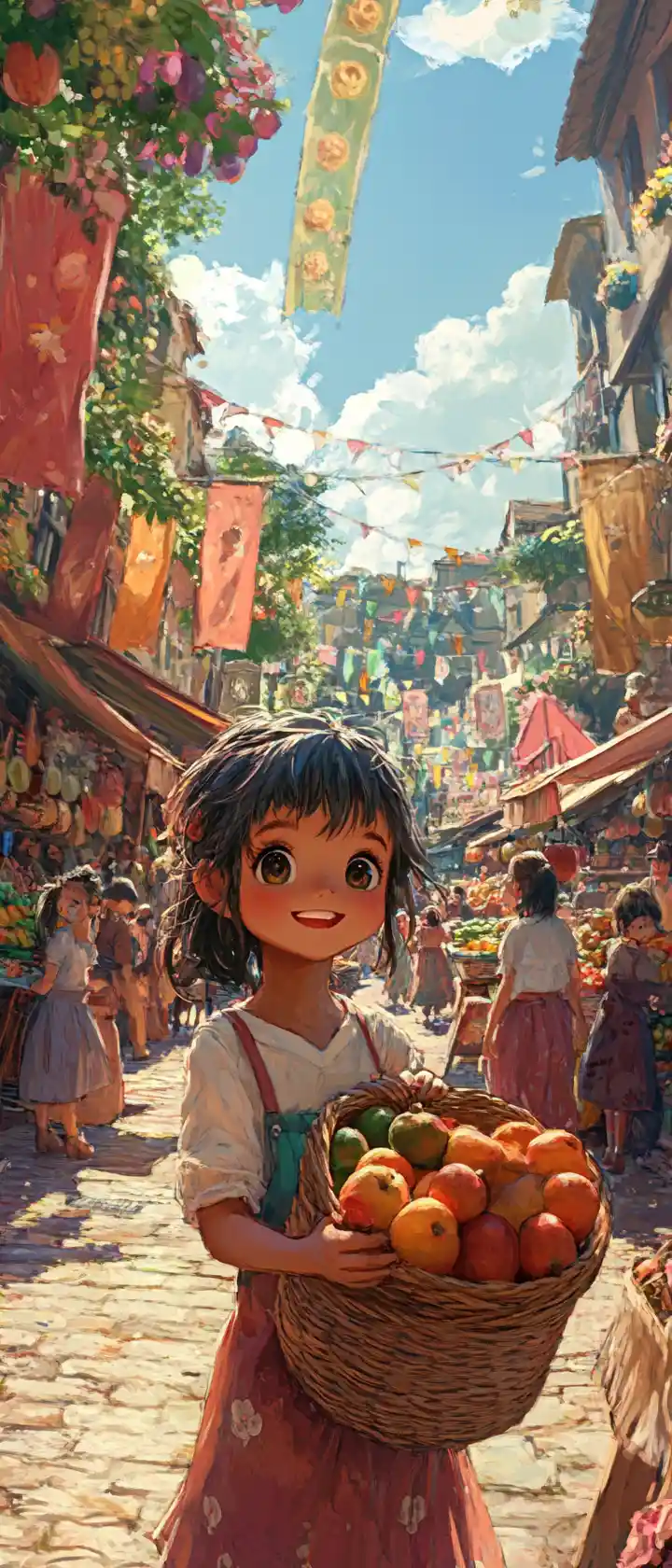 Anime child celebrating in a lively village harvest festival
