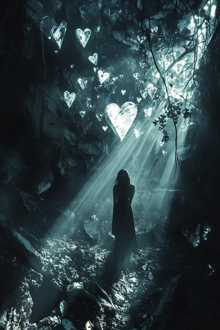 Fractured crystal heart pierced by a single beam of light