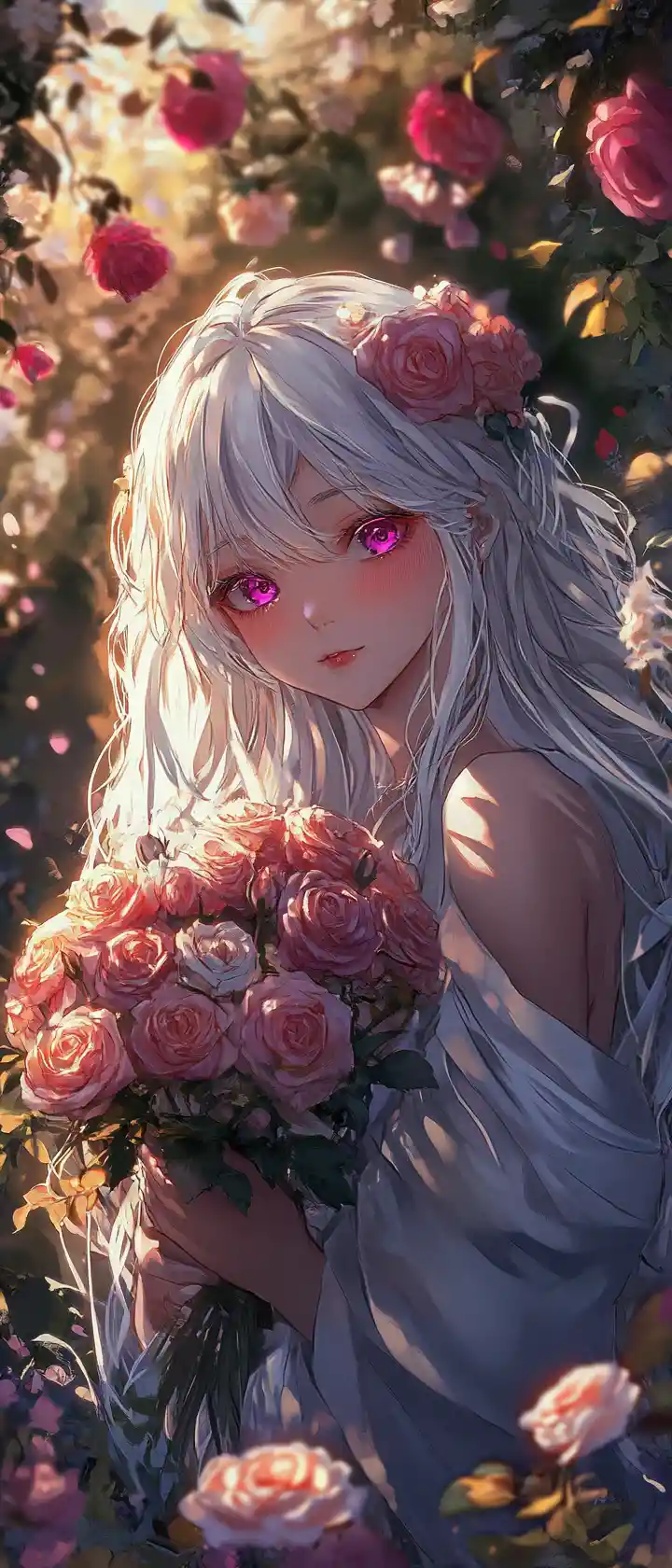 Anime girl in a twilight flower garden with roses