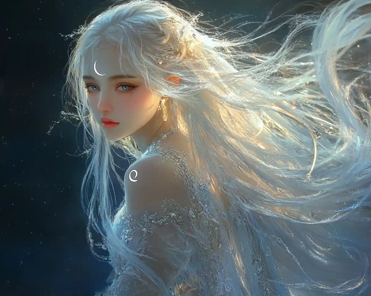 Mystical lunar goddess with flowing silver moonlit hair