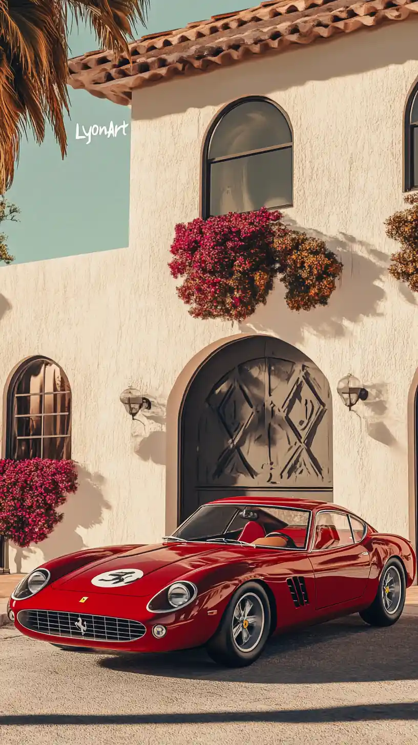 Minimal furnished room with red Ferrari and white signature
