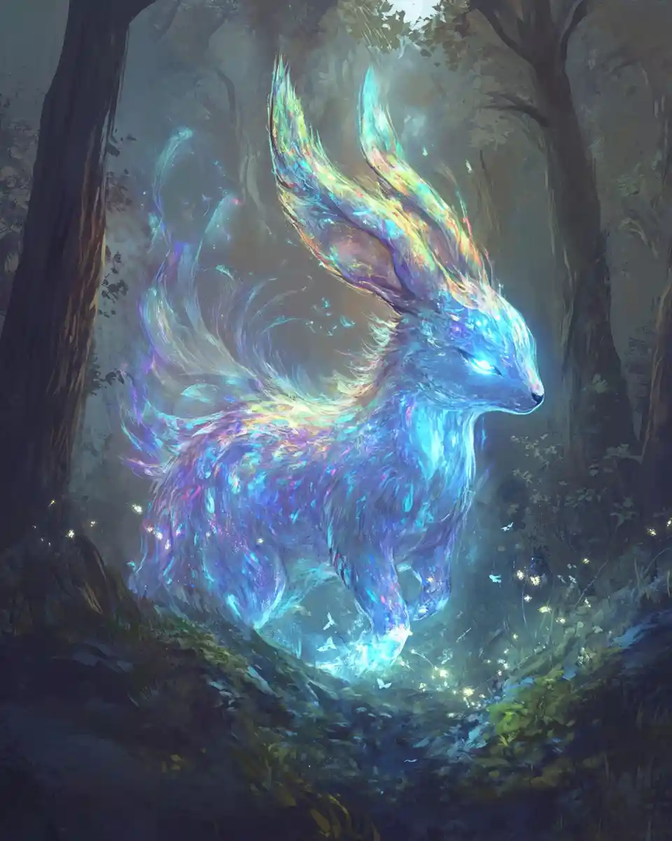Iridescent fantasy creature glowing in a moonlit forest