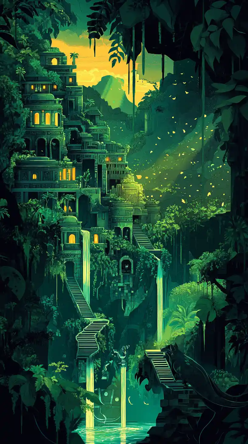 Mayan inspired jungle resort city with waterfalls and temples