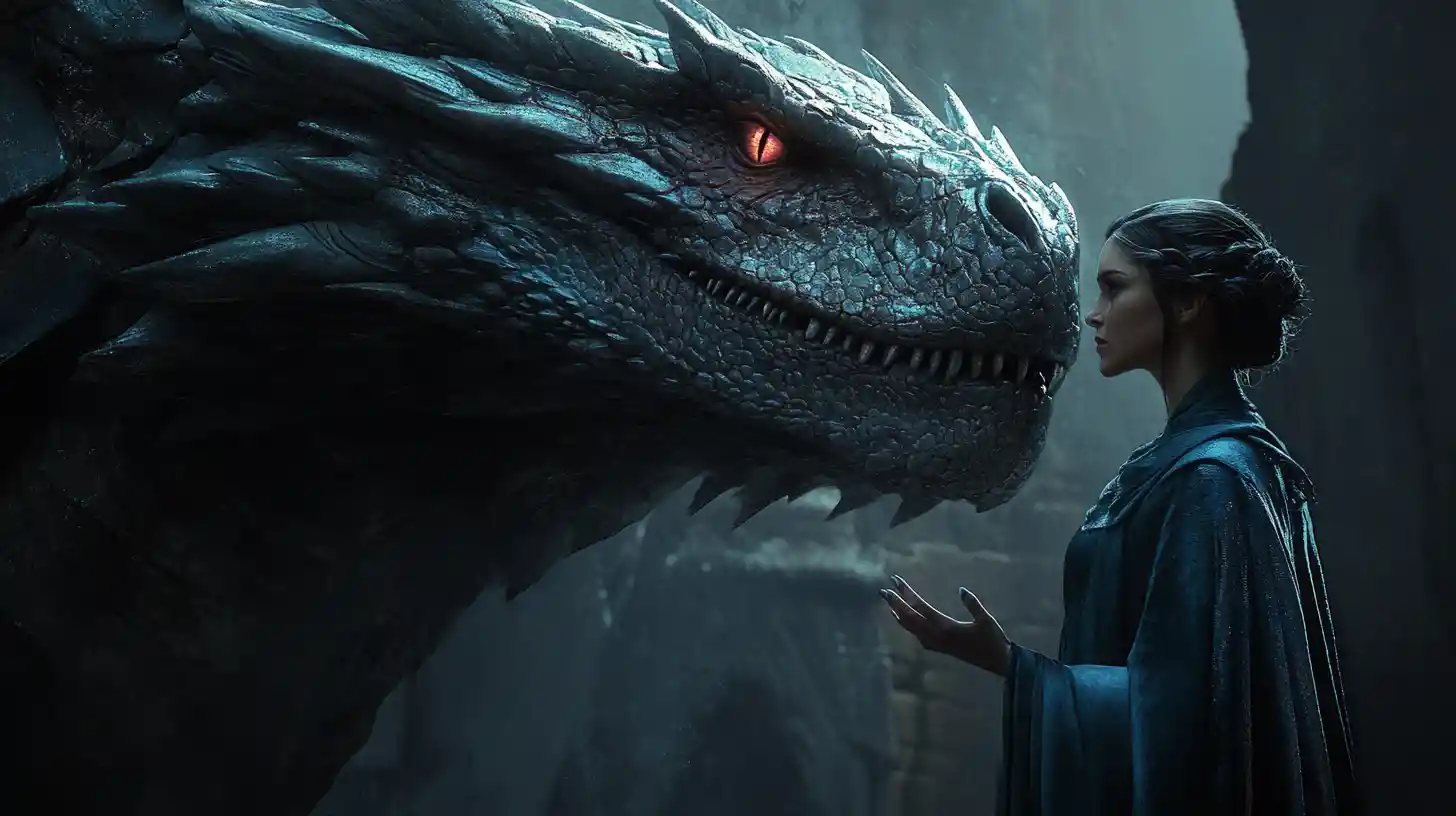Summoner Girl Facing A Massive Dragon In Dark Hall