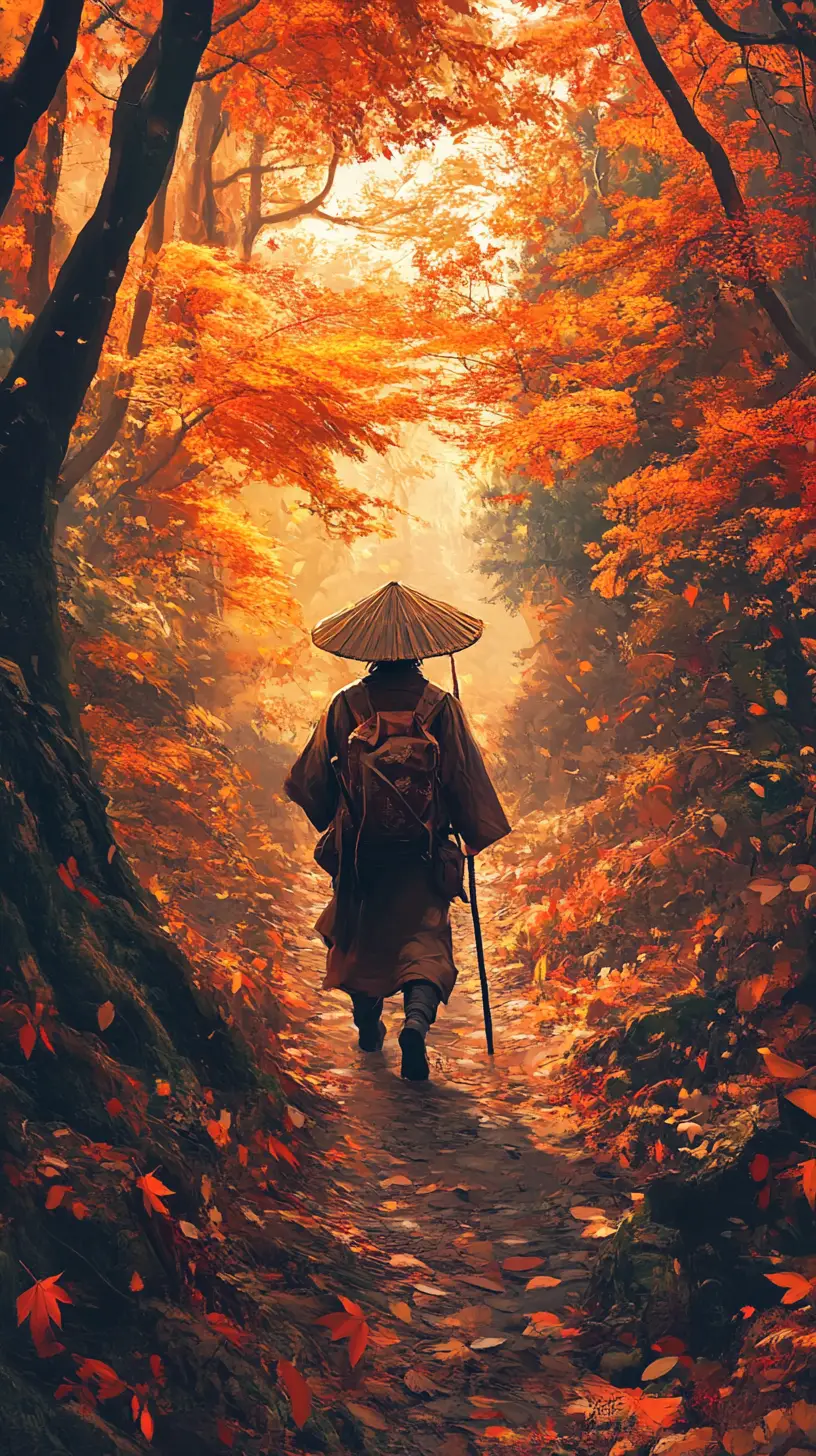 Lone traveler walking a forest path in autumn light