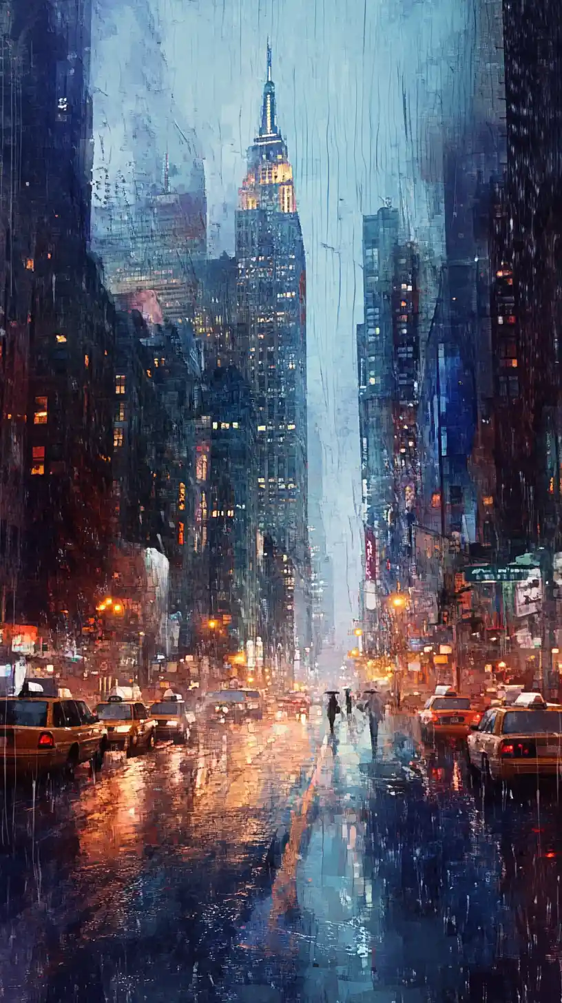 Melancholic watercolor cityscape at dusk with rainy streets