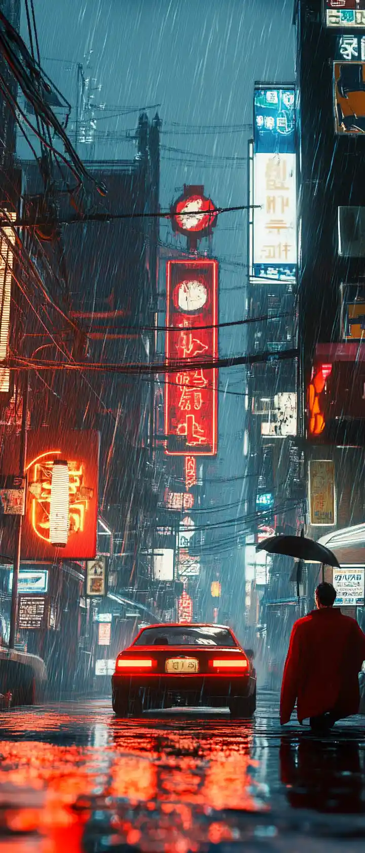 Anime woman on neon lit rainy city street