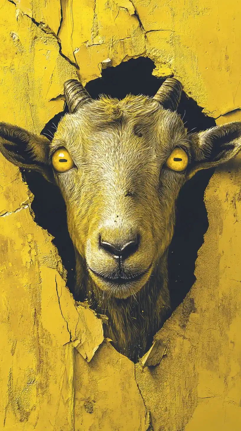 Close up goat face with glowing yellow eyes