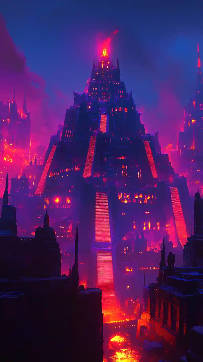 Futuristischer Aztekentempel über einer neonbeleuchteten dystopischen Stadt