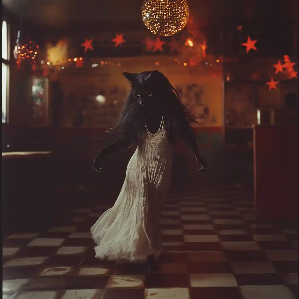 Dancing cat in white dress under disco ball lights