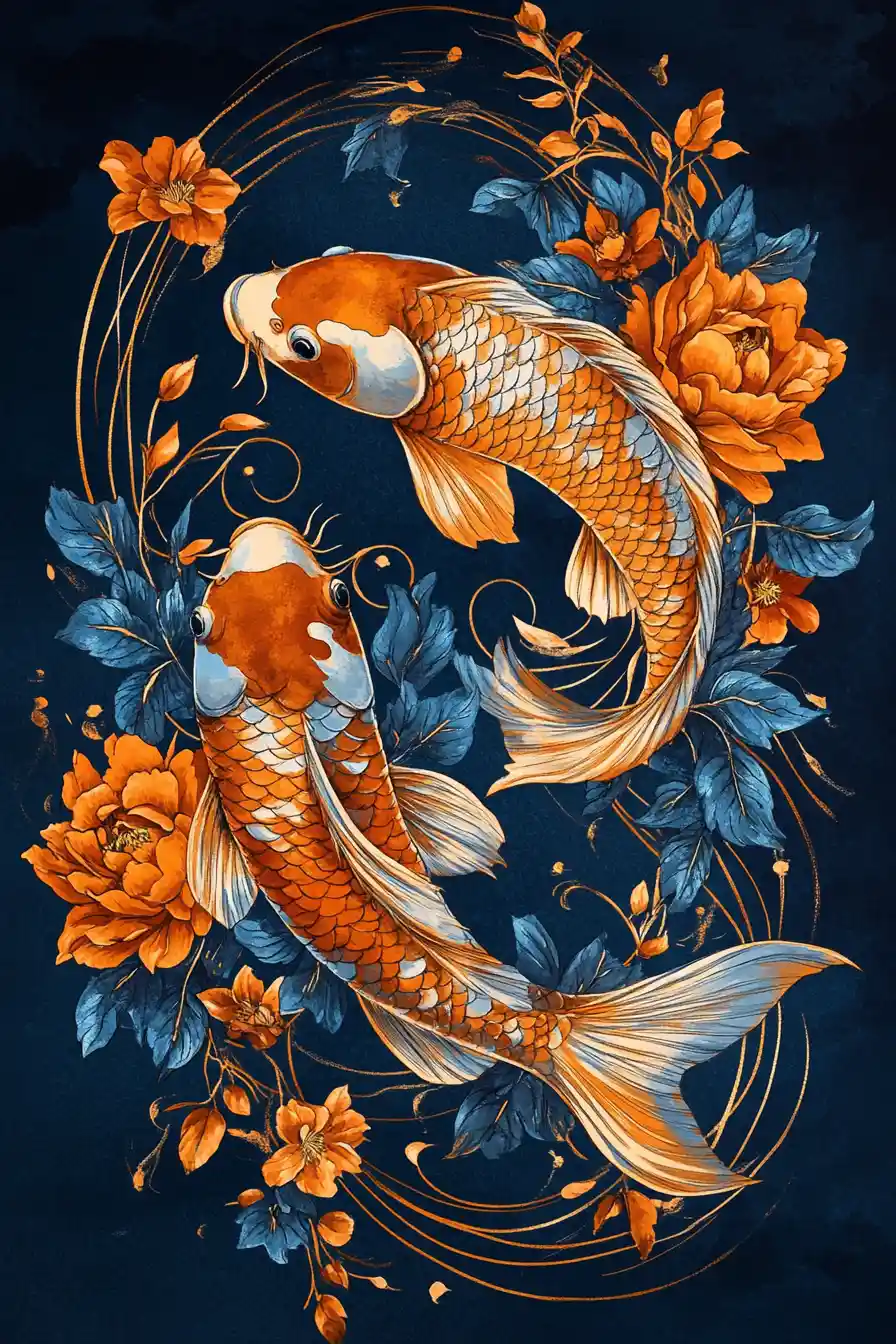 Ornamental koi fish with flowers on deep blue background