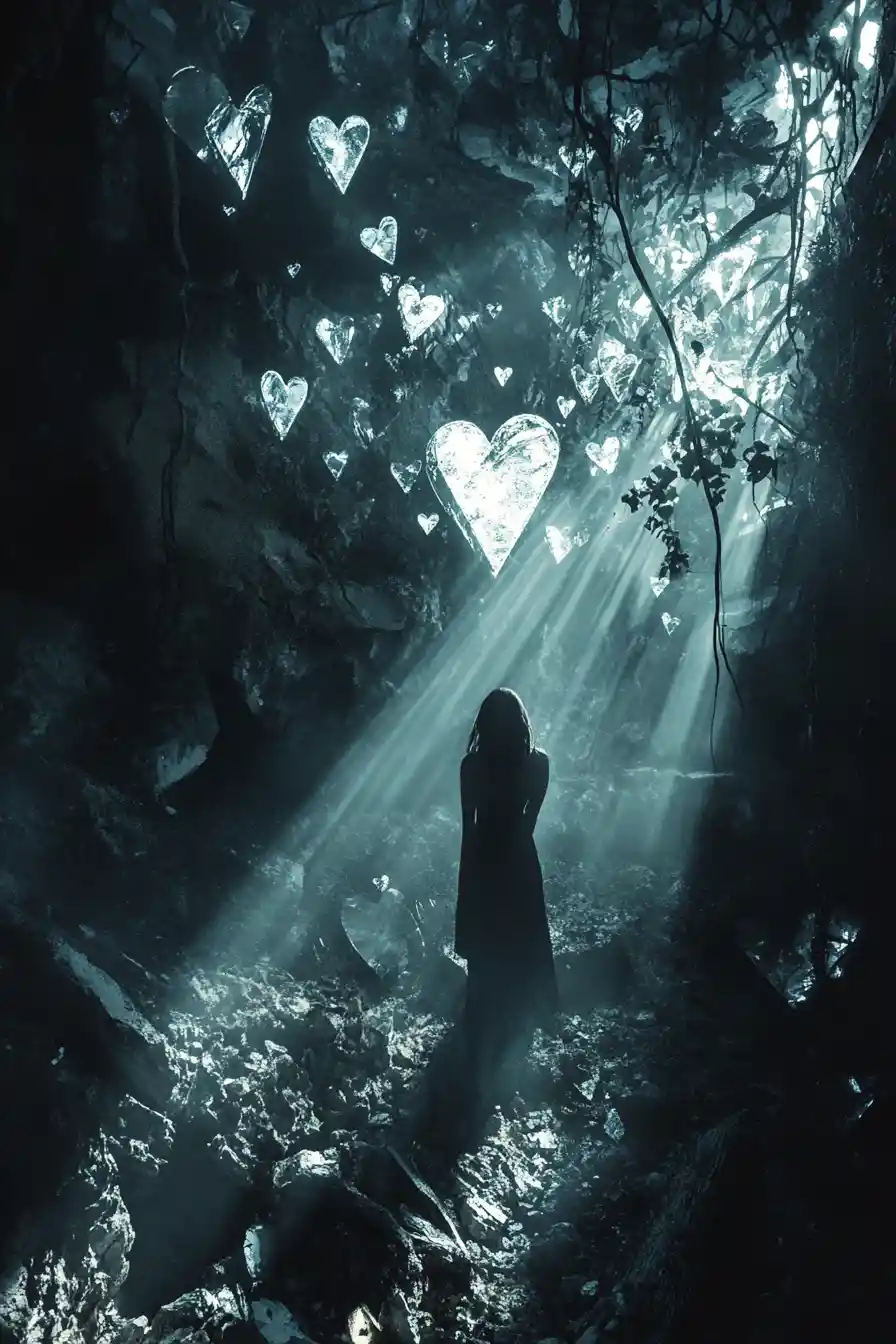 Fractured crystal heart pierced by a single beam of light