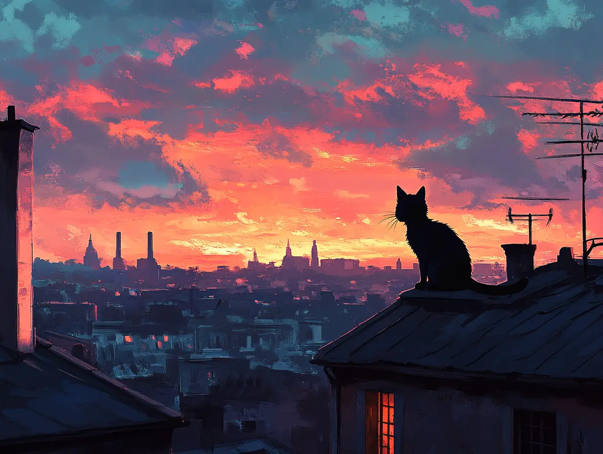Silhouetted rooftop cat against glowing city sunset sky