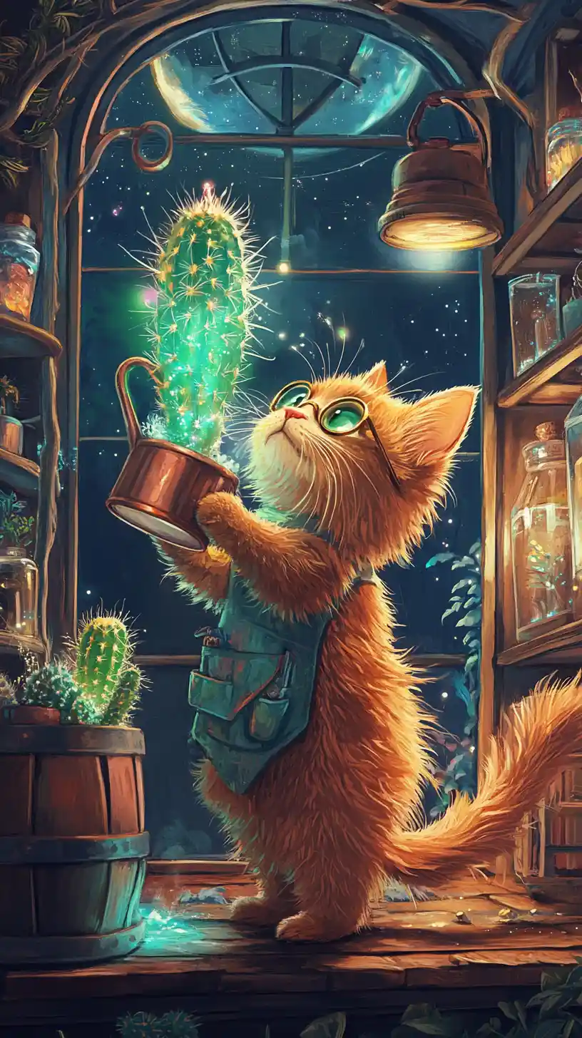 Whimsical Ginger Cat Gardener With Magical Cactus